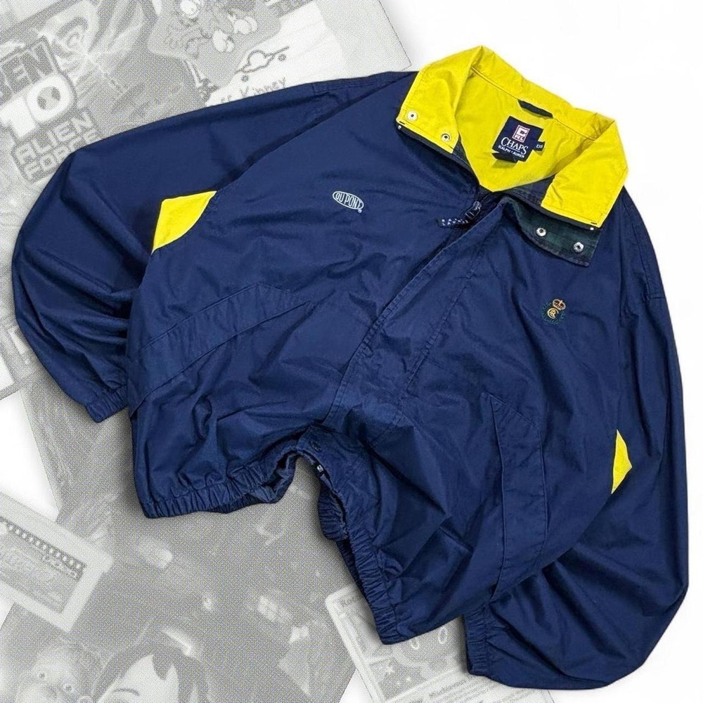 Vintage 90’s Chaps Ralph Lauren Navy Blue & Yellow Dupont Graphic Zip Up Jacket